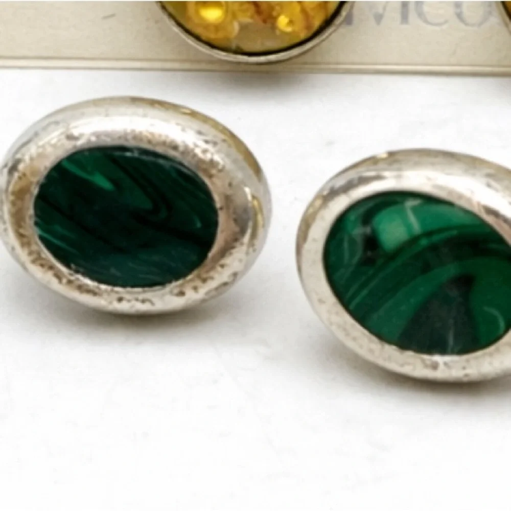 Taxco Sterling Silver Malachite Earrings 💚 Artisan Vintage Mexico